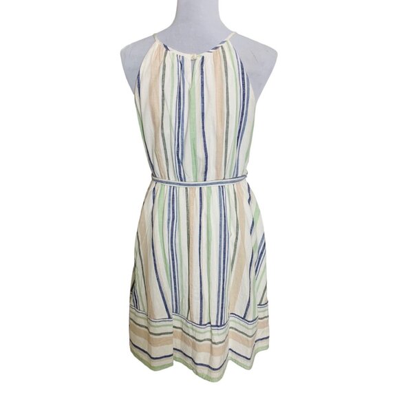 Miami Ivory Striped Halter Dress Size L Belted Linen Blend Cruise Vacation - Picture 2 of 16